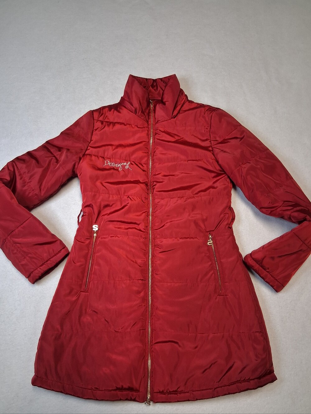 Desigual Red Quilted Long Puffer Coat with Gold Zippers - Picture 2 of 8